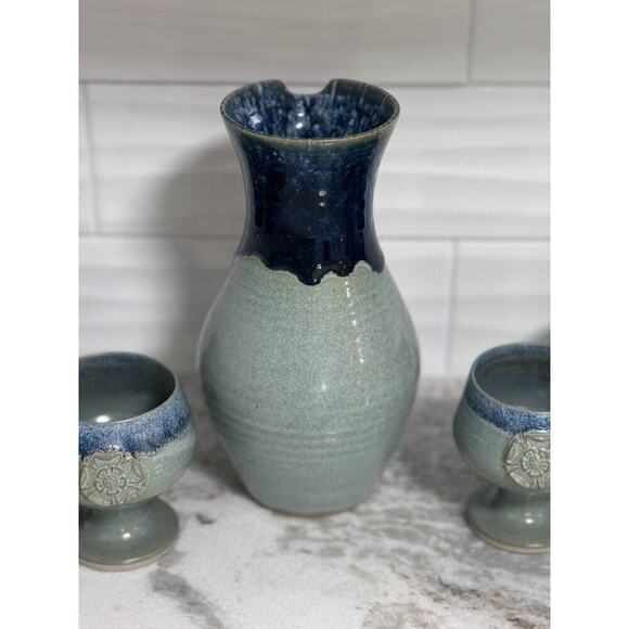 Jenny Harper Signed Blacktoft Studio Pottery Blue Drip Glaze Goblets Pitcher Set - Picture 13 of 16
